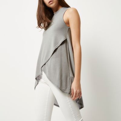 Grey knitted wrap front sleeveless top